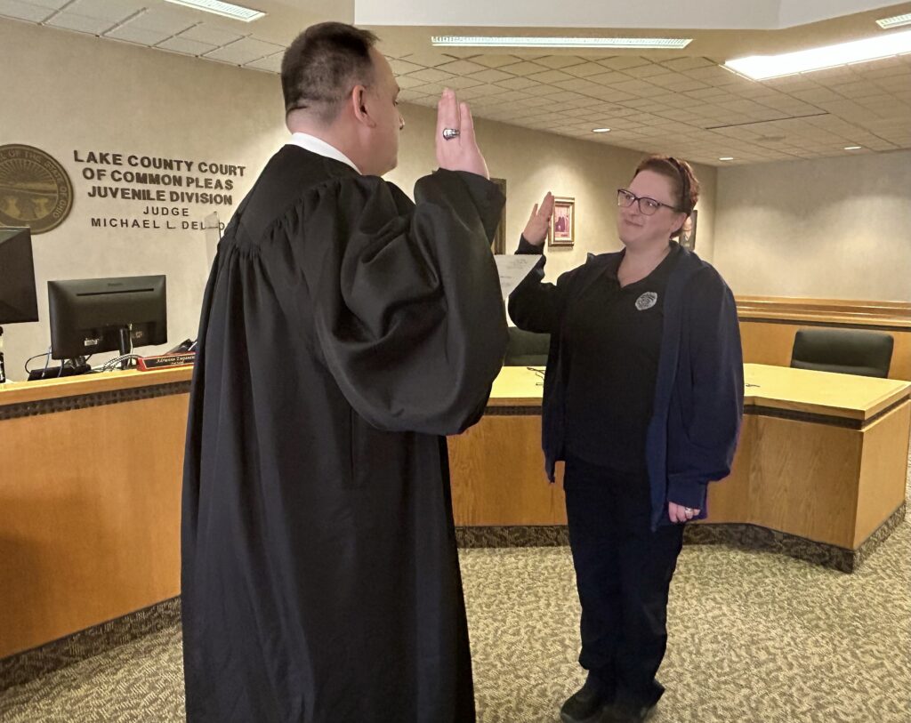 Judge DeLeone swearing in Sarah Boyce from Willowick Police Department