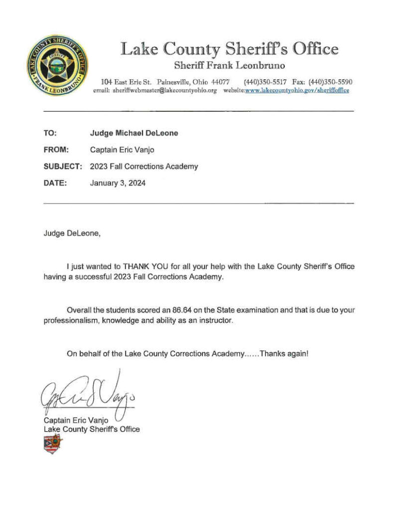 Lake County Sheriff's Office letter to Judge DeLeone