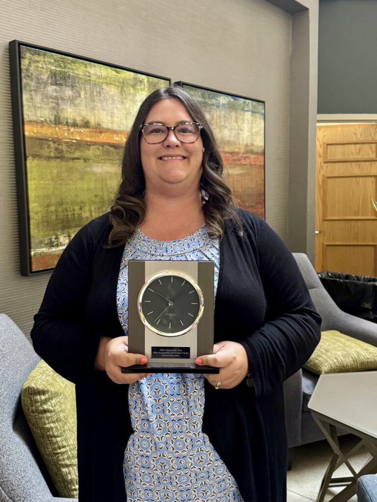 Juvenile Court Clerk, Sharon Delembo, with Ohio Juvenile Clerk’s Association Clerk of the Year award