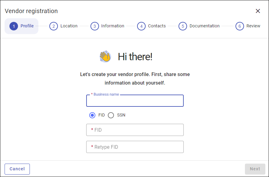 Vendor Registration Step 1 continued