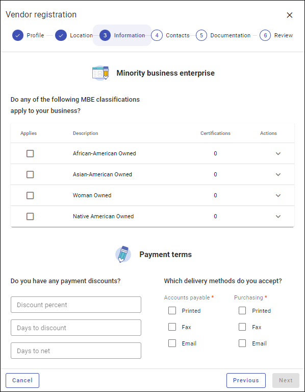 Vendor Registration Step 3 - MBE and Payment Terms