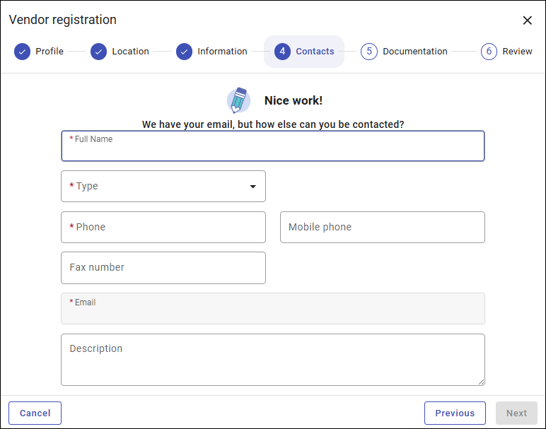 Vendor Registration Step 4 - Contacts