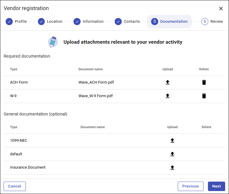 Vendor Registration Step 5 - Documents