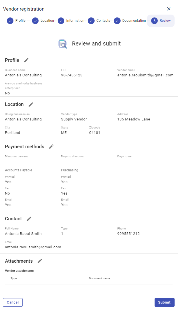 Vendor Registration Step 6 - Review