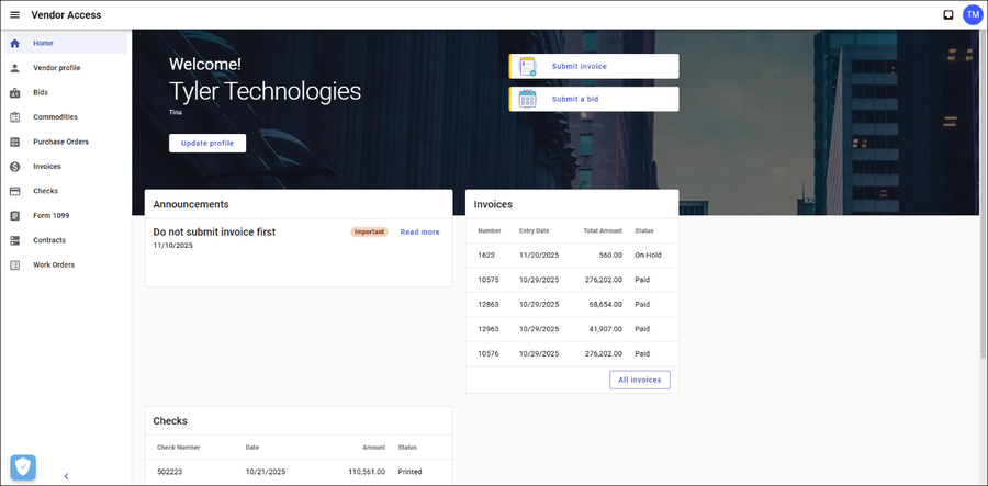 Vendor Access home page after linking