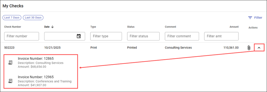Check detail with associated invoice