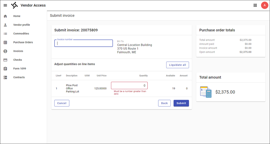 Submit invoice against purchase order