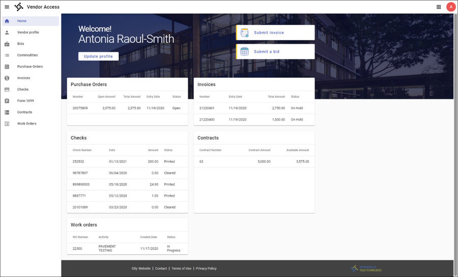 Vendor Access home page