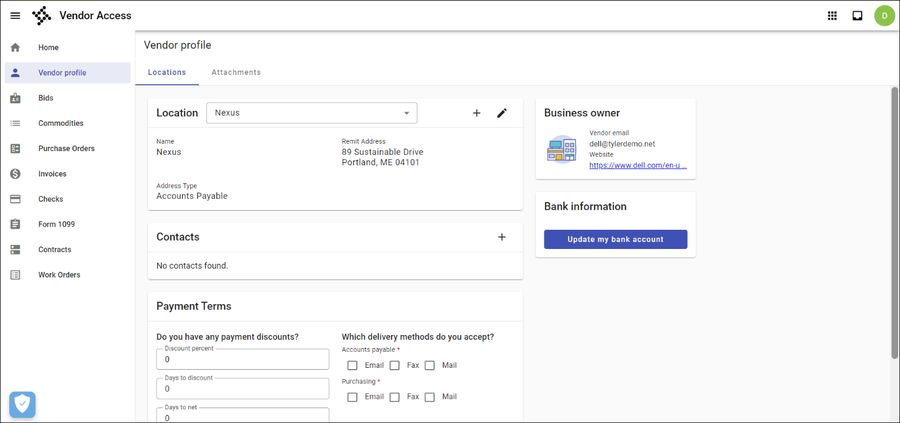 Vendor Profile page